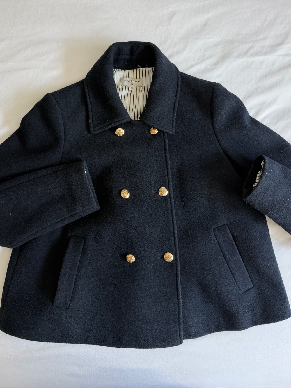 Nili Lotan x Target Dark Navy Black Wool Blend Double Breasted Cropped Pea Coat